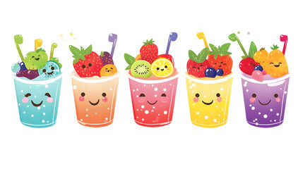 Adorable Kawaii Dessert Cups with Happy Faces and Colorful Toppings on Pink Background