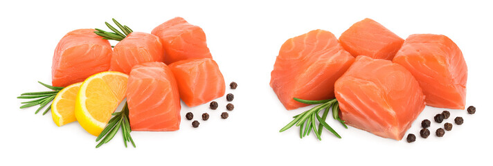 raw salmon piece cube with rosemary, lemon and peppercorn isolated on white background close up
