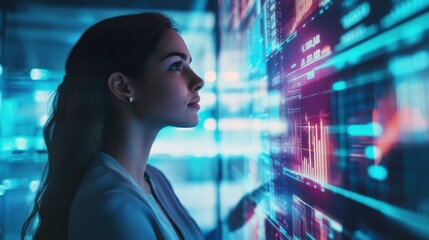 A woman attentively analyzes complex data visualizations, likely for business analytics or technological insights, in a modern setting.