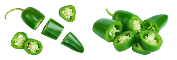 Gardinen Chilischoten jalapeno peppers isolated on white background. Green chili pepper . Top view. Flat lay  © kolesnikovserg