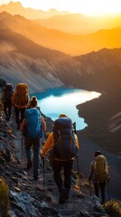 Backpackers hike along a trail with a lake view during sunset. For adventure travel