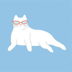 cute funny cartoon hand drawn white cat lying in sunglasses, summer beach vibe cool cat png illustration. lazy chilling white cat clip art