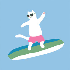 summer beach vibe cat png vector illustration on transparent background. cute cartoon white cat on holiday at the seaside. hand drawn vacation cat clip art surfing