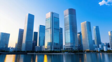 Obraz premium A stunning skyline view of modern skyscrapers reflecting on water, showcasing architectural innovation and urban development under a clear blue sky.