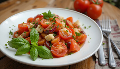 A plate of food with tomatoes and basil on top