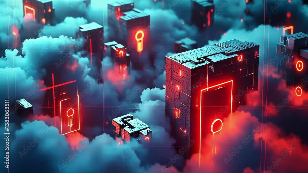 Poster futuristic server units with glowing padlocks floating in a cloud, representing a secure cloud stora