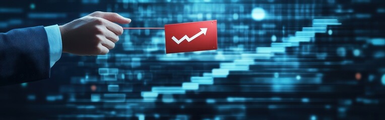 Graph with up arrow on blue screen, in hand, for stock marketing purposes
