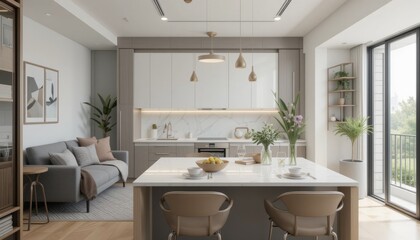Fototapeta premium Modern Minimalist Apartment Kitchen and Living Room Interior