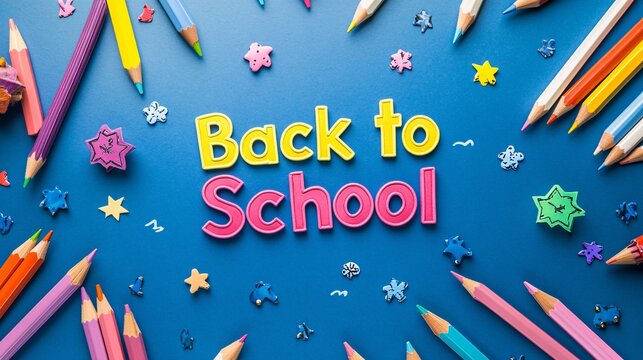 Back to school concept with the sentence back to school made of colorful letters and surrounded by colored pencils and star shaped confetti on blue background