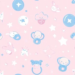 Cute baby pacifiers and animals on a pastel pink background