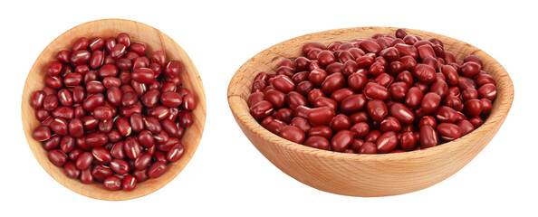 Red adzuki beans in wooden bowl isolated on white background. Top view. Flat lay.