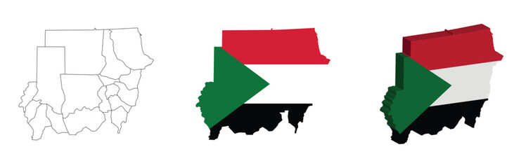 Sudan outline, fill with flag and 3d map