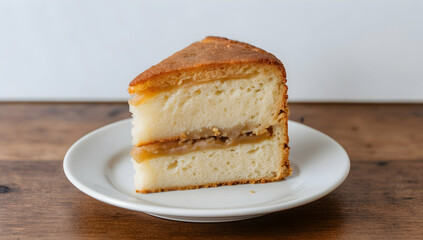 Apple cake slice on white plate, wooden table.....