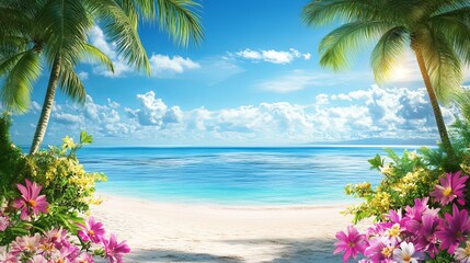 Tropical beach paradise wallpaper with palm trees, ocean view, and flowers for desktop background art © Mitchell