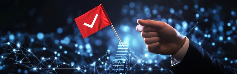 Hand holding success flag on digital network for success & reaching goals