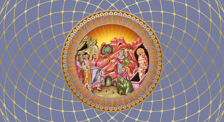 The Raising of Lazarus. Religious decorative illustration in Byzantine style