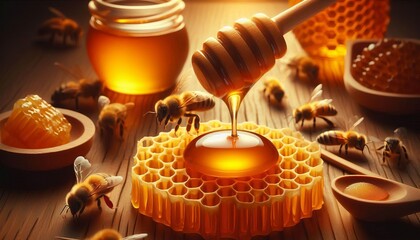 A single perfect drop of honey falling onto a honeycomb