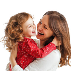 A mother holding her daughter who is wearing a red polka dot shirt and they are both laughing happily
