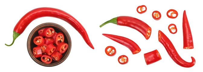 Fotobehang Chili Pepers red hot chili pepper slices in ceramic bowl isolated on white background. Top view. Flat lay.  © kolesnikovserg