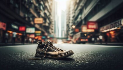 A lone abandoned shoe in a busy street