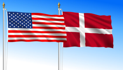 United States vs Denmark, waving flags on a sky blue background, vector illustration