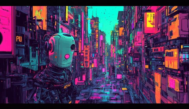Futuristic city street with robot.  Vibrant neon cityscape, stylized robot figure observing bustling urban scene
