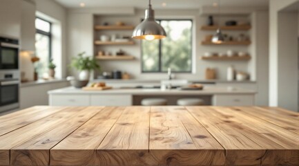 A clean wooden kitchen table with a sharp focus in the foreground, with a modern minimalist kitchen faintly visible in the background.
