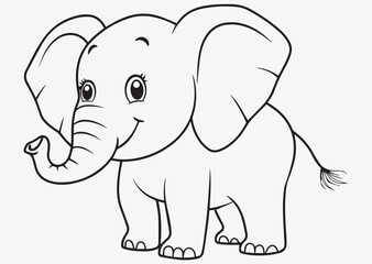 Fototapeta premium An outline illustration of a happy elephant with large ears, a drawing of no color, children coloring books and illustrations, Vector EPS, transparent background, minimalist line art.