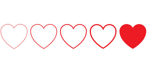 set of hearts in red colour with different stoke, Red heart icons set. Set of 5 hearts of different shapes for web, heart collection. vector symbols.