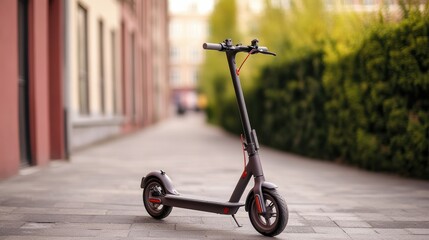 A sleek electric scooter parked on a paved pathway, bordered by greenery and modern buildings, highlighting urban mobility and convenience.