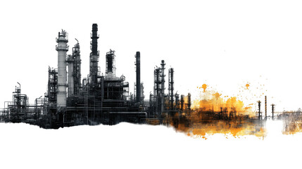 Industrial complex with towering structures and a large fire on a black background at night