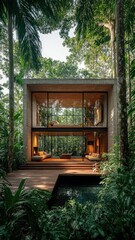 Modern Glass House in Lush Green Forest Setting