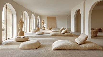 Serene Minimalist Lounge Beige Cushions Woven Baskets and Archway Windows