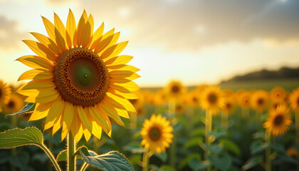Obraz premium Sunflower field with glowing bloom, nature's radiance