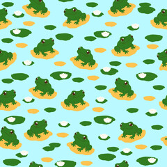 Seamless vector pattern with cute green frogs in pond with lily pads, simple flat illustration for kids, fabric wallpaper, textile surface spring summer nature animal theme, amphibian water plants