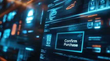 The glowing Confirm Purchase button stands out on a sleek, futuristic interface, representing the ease and immediacy of modern e-commerce.
