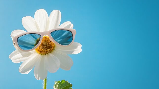 Daisy flower wearing sunglasses on a bright sunny day summer vibes floral fun cute aesthetic blue sky background
