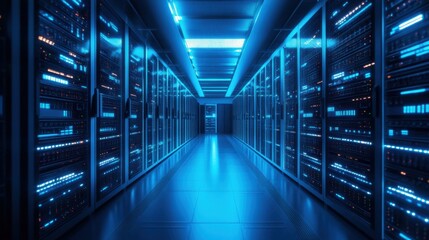 Fototapeta premium A high-tech server room glowing with blue LED lights and digital displays.