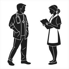 silhouette Doctor and Nurse line icons set on white background