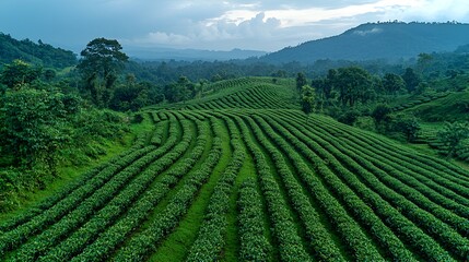 Lush green tea plantation on hillside.