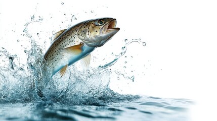 A fish with a splash jumps out of the water, isolated on a white background.