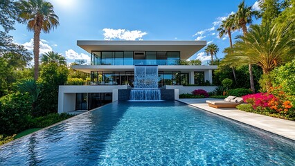 Fototapeta premium Luxury Modern Mansion with Infinity Pool and Summer Garden