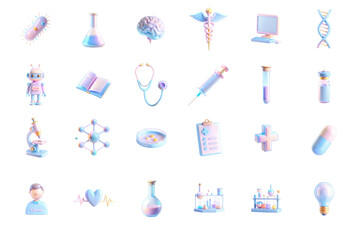 A vibrant set of 3D rendered icons depicting scientific and medical themes, showcasing elements like flasks, books, and syringes.