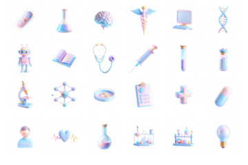 A vibrant set of 3D rendered icons depicting scientific and medical themes, showcasing elements like flasks, books, and syringes.