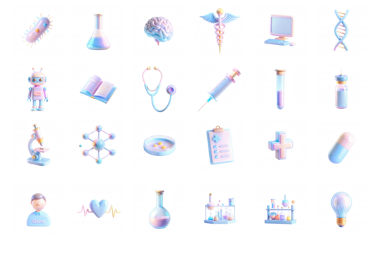 A vibrant set of 3D rendered icons depicting scientific and medical themes, showcasing elements like flasks, books, and syringes.