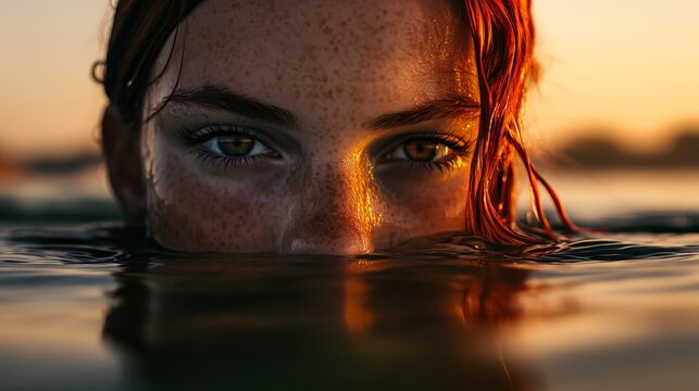 Portrait of woman in water at sunset, close up of face, eyes, red hair, swimming, summer, nature, beauty, serene