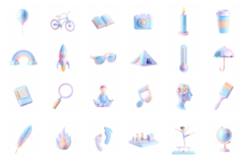 A vibrant collection of pastel 3D icons, including objects like books, a camera, and various symbols that evoke creativity and fun.