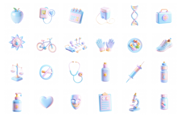 A collection of vibrant 3D icons depicting various themes such as time, emotions, and technology in a playful style.