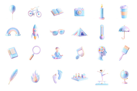 A vibrant collection of pastel 3D icons, including objects like books, a camera, and various symbols that evoke creativity and fun.