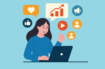 Engaging social media marketing. Woman with laptop and icons, symbolizing digital marketing strategy, online engagement, and social media growth.